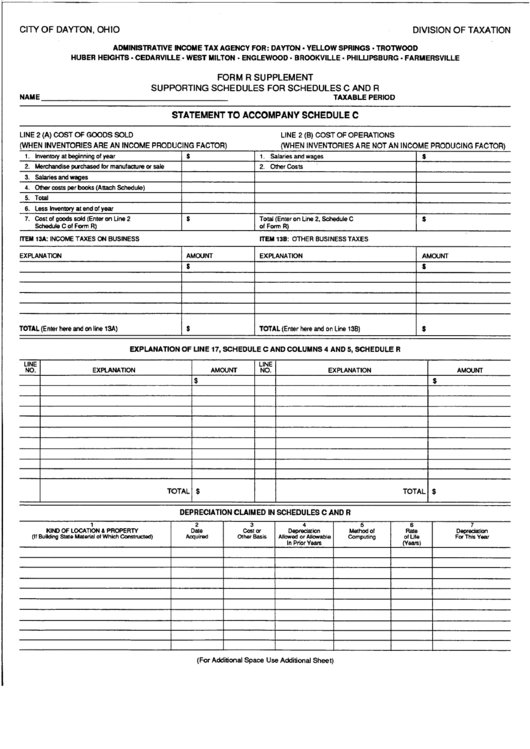 Form R Supplement Supporting Schedules For Schedules C And R - City Of Dayton, Ohio Division Of Taxation Printable pdf