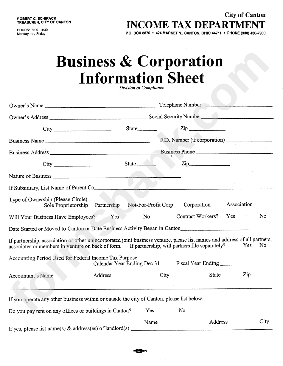 Business & Corporation Information Sheet - City Of Canton, Ohio Income Tax Department