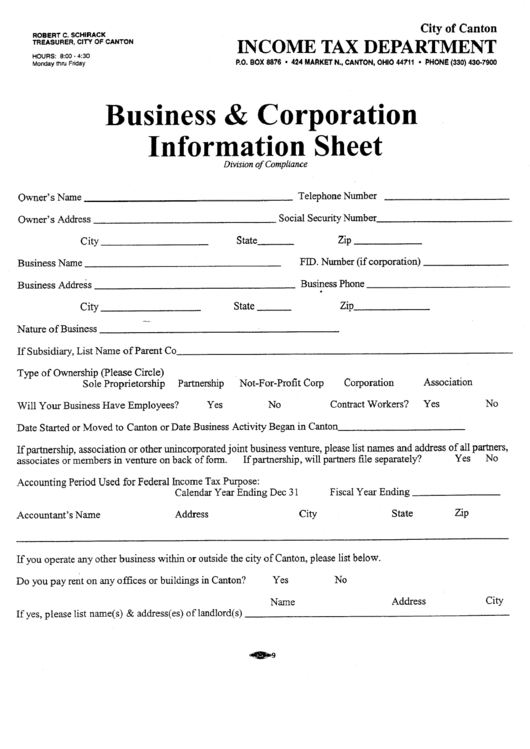 Business & Corporation Information Sheet - City Of Canton, Ohio Income Tax Department Printable pdf