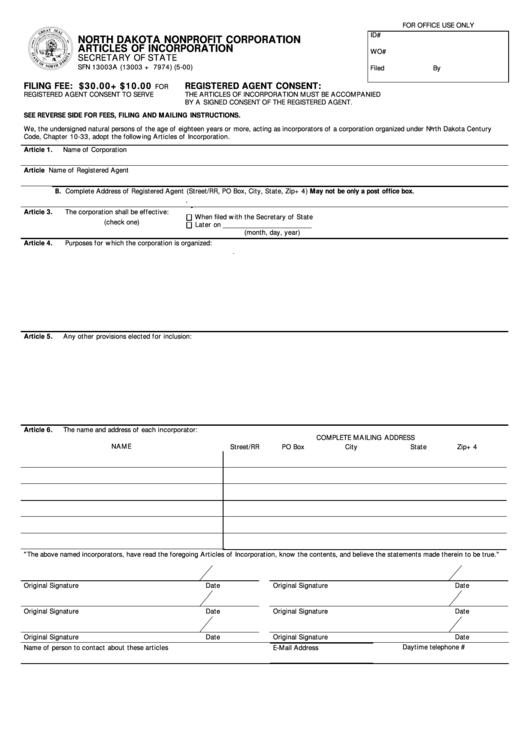 Form Sfn 13003a - Articles Of Incorporation - Secretary Of State Of North Dakota Printable pdf