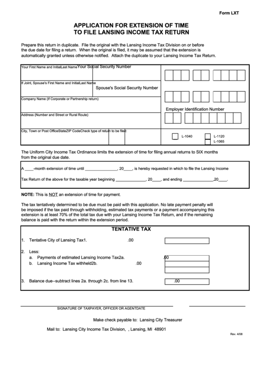 Fillable Form Lxt - Application For Extension Of Time To File Lansing Income Tax Return - Michigan Printable pdf