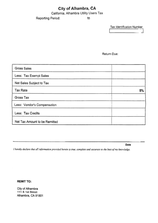California, Alhambra Utility Users Tax Form Printable pdf