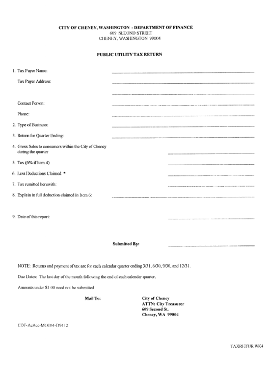 Public Utility Tax Return Form - City Of Cheney, Washington Department Of Finance Printable pdf