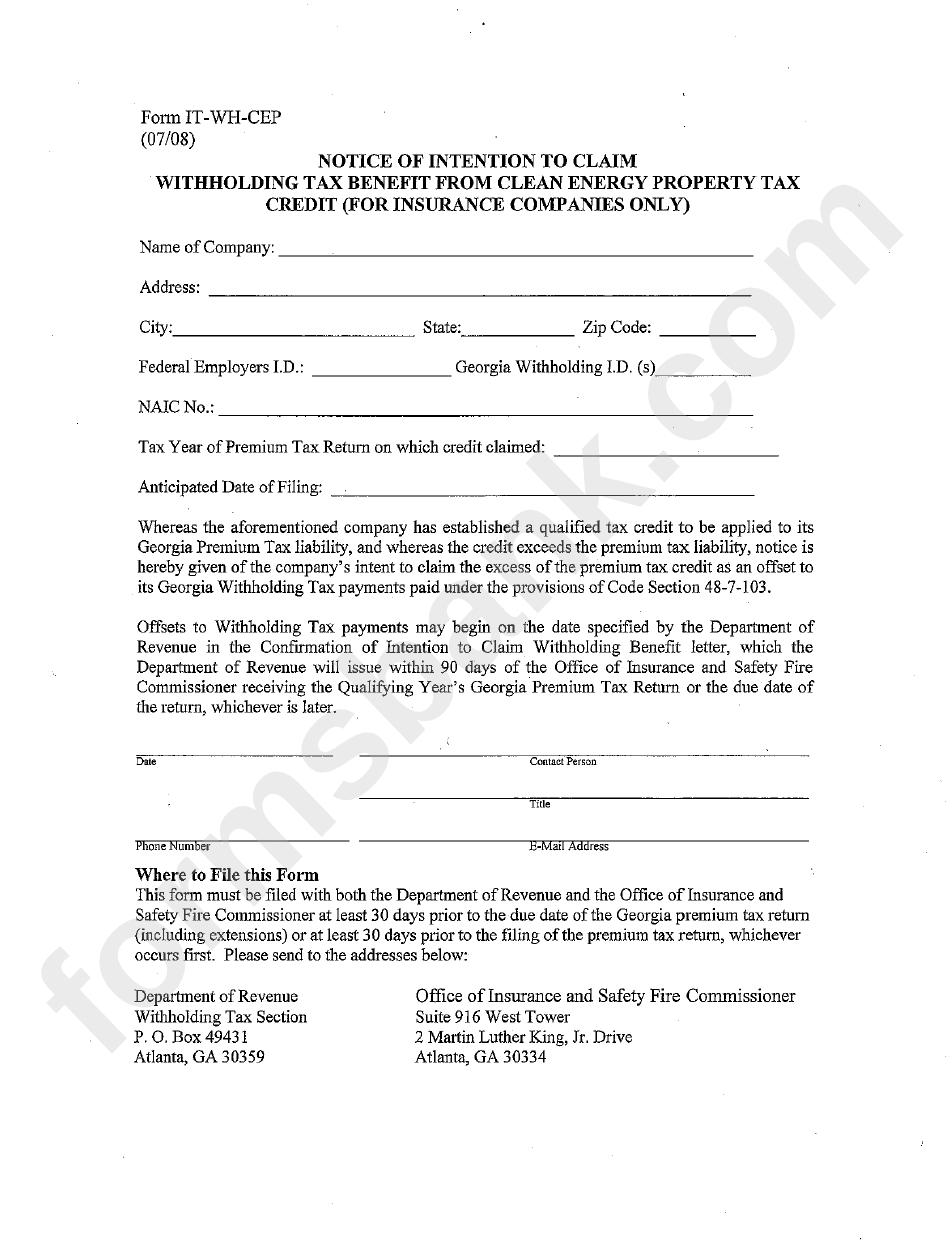 Form It-Wh-Cep - Notice Of Intention To Claim Withholding Tax Benefit Form Clean Energy Property Tax Credit