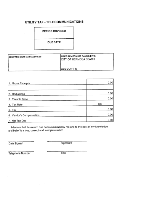 Utility Tax - Telecommunications Form - City Of Hermosa Beach Printable pdf