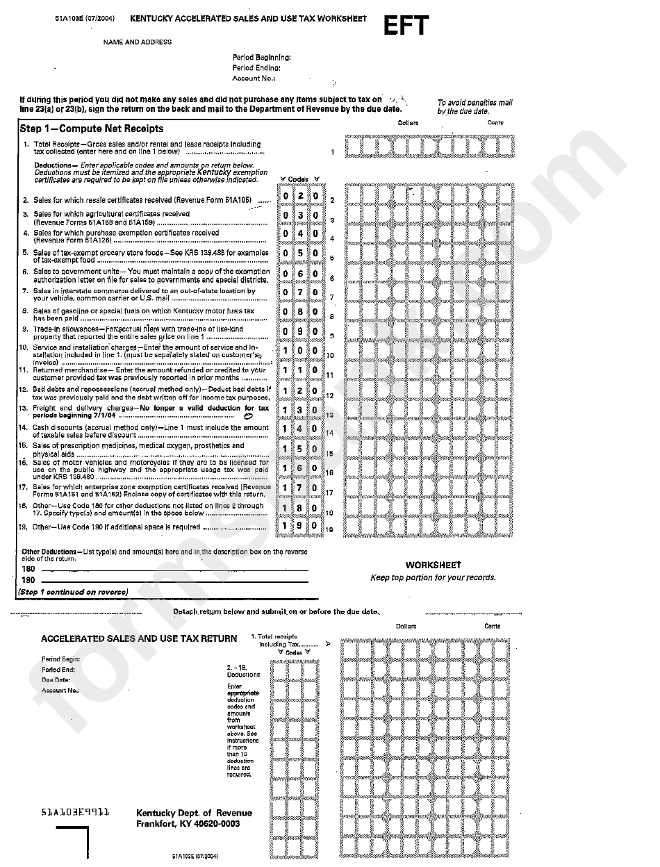 Form 51a103e - Kentucky Accelerated Sales And Use Tax Worksheet - Kentucky Department Of Revenue