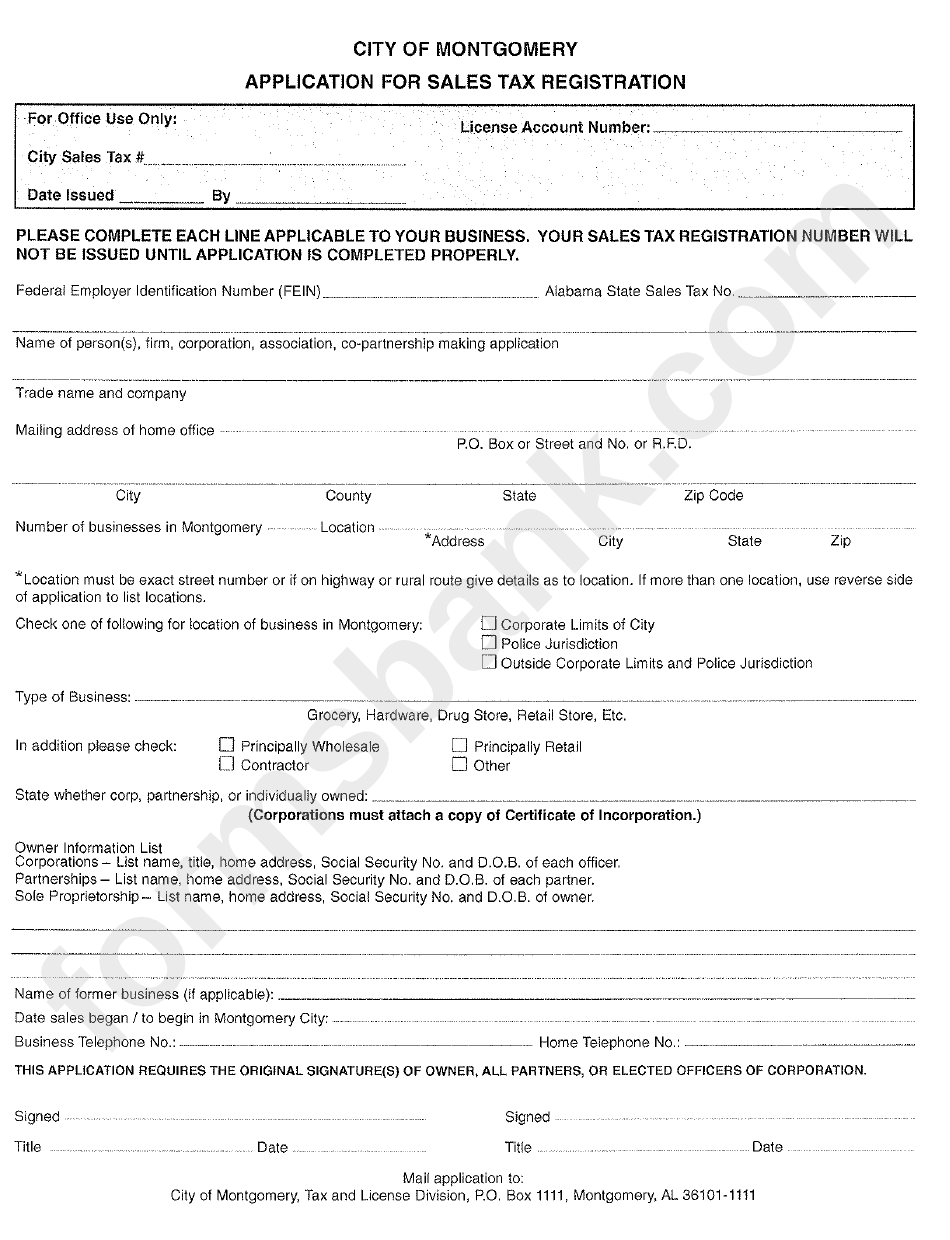 Application For Sales Tax Registration Form - City Of Montgomery