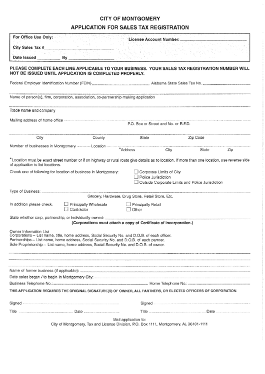 Application For Sales Tax Registration Form - City Of Montgomery Printable pdf