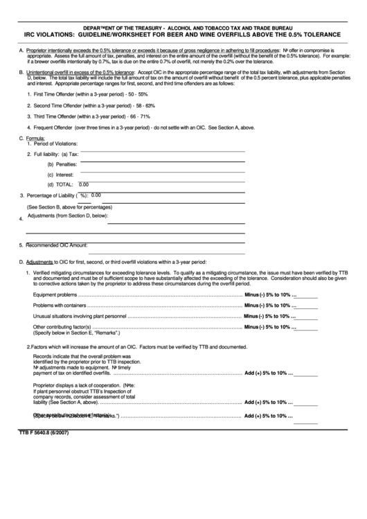 Fillable Form Ttb F 5640.8 - Guideline/worksheet Foor Beer And Wine Overfills Above The 0,5 Per Cent Tolerance - Department Of The Treasury Printable pdf