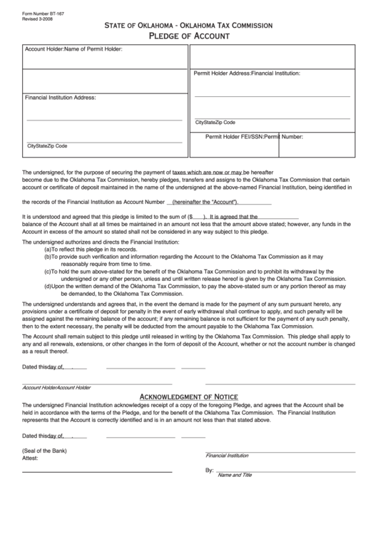 Fillable Form Bt-167 - Pledge Of Account - State Of Oklahoma Tax Commission Printable pdf