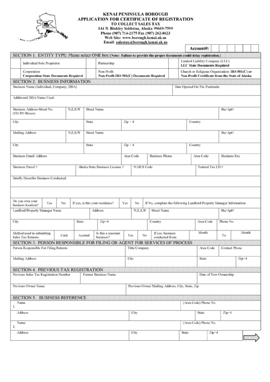 Application For Certificate Of Registration To Collect Sales Tax Form - Alaska Printable pdf