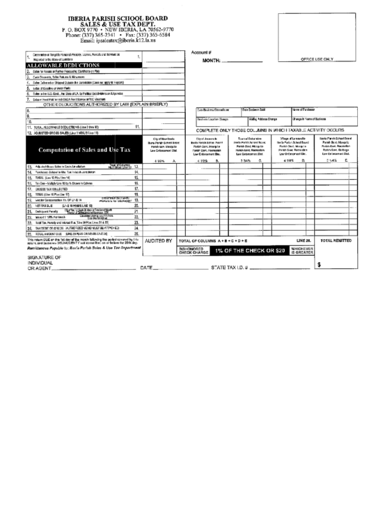 Computation Of Sales And Use Tax Form - Iberia Parish Sales & Use Tax Department, Louisiana Printable pdf