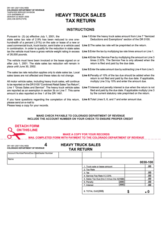 Form Dr 1481 - Heavy Truck Sales Tax Return Printable pdf