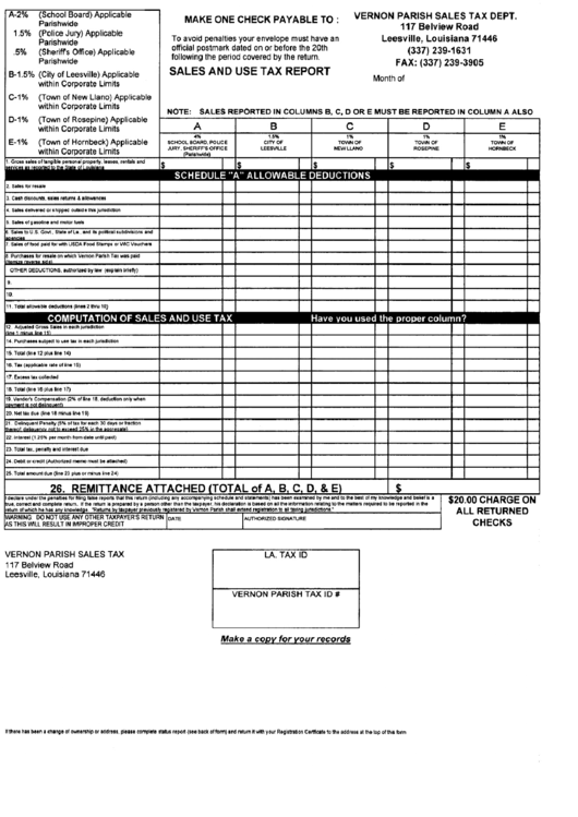 Sales And Use Tax Report Form - Vernon Parish Sales Tax Department - Louisiana Printable pdf