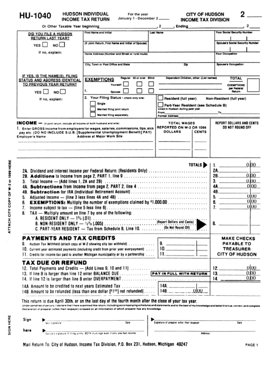Fillable Form Hu-1040 - Individual Income Tax Return Printable pdf