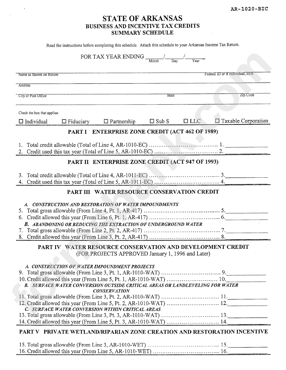 Form Ar-1020-Bic - Business And Incentive Tax Credits Summary Schedule