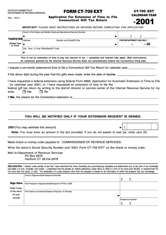 Form Ct-709 Ext - Application For Extension Of Time To File Connecticut Gift Tax Return December - 2001 Printable pdf