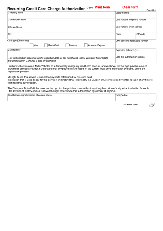Fillable Form Tc-894 - Recurring Credit Card Charge Authorization Printable pdf