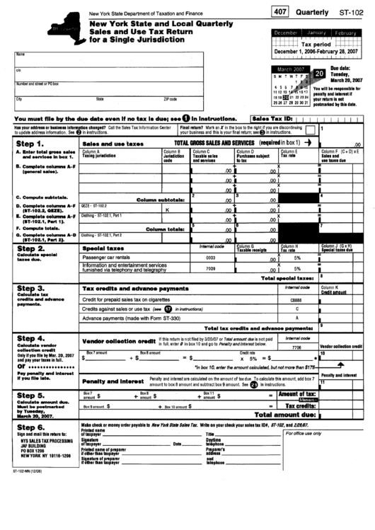 Form St-102-Mn - New York State And Local Quarterly Sales And Use Tax Return For A Single Jurisdiction Printable pdf