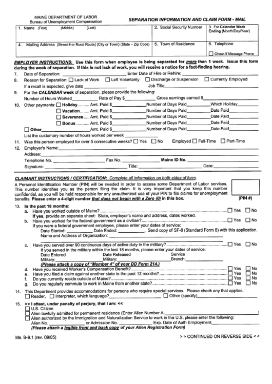 Form Me. B-9.1 - Separation Information And Claim Form - Mail - Maine Department Of Labor Printable pdf