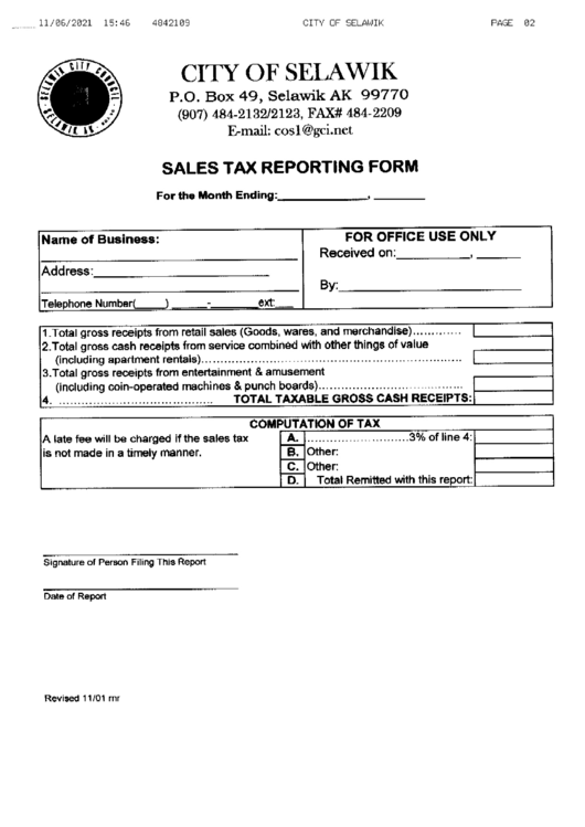 Sales Tax Reporting Form - City Of Selawik, Arkansas Printable pdf