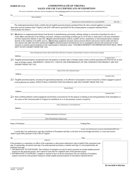 Fillable Form St-11a - Sales And Use Tax Certificate Of Exemption Printable pdf