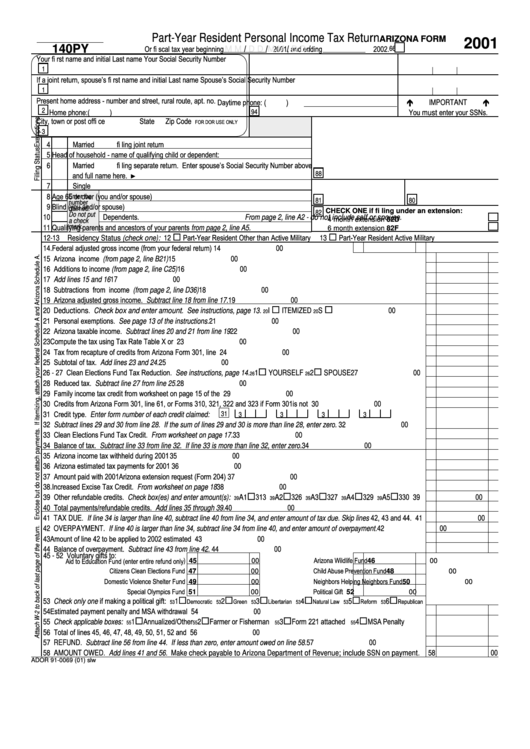 Az Form 140 Py - Part-Year Resident Personal Income Tax Return 2001 Printable pdf