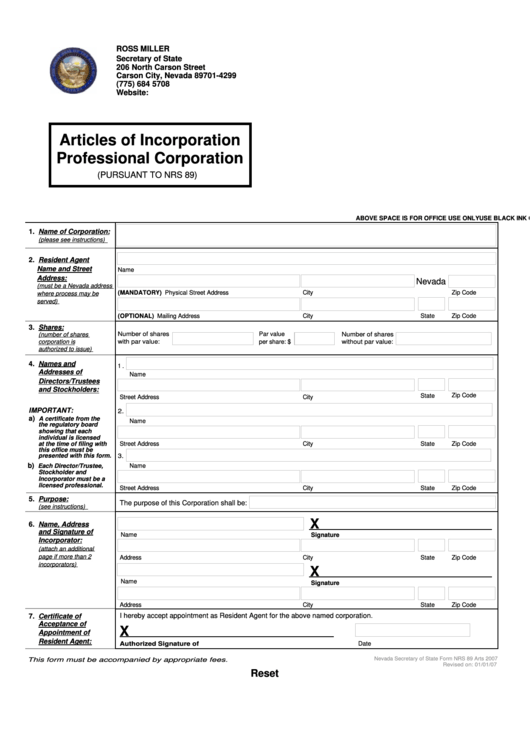 Fillable Form Nrs 89 - Articles Of Incorporation Professional Corporation Printable pdf