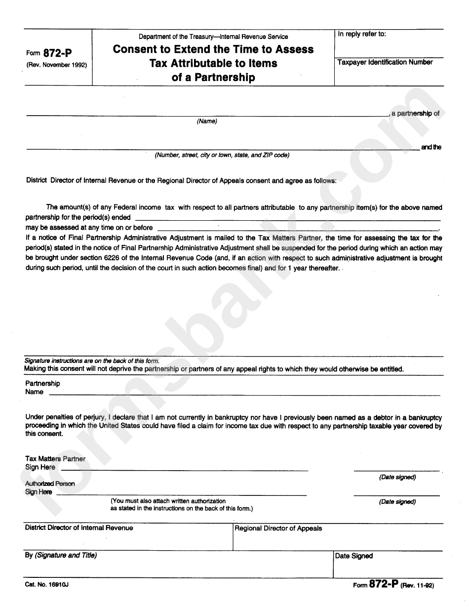 Form 872-P - Tax Attributable To Items Of A Partnership
