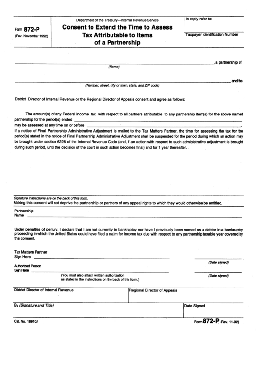 Form 872-P - Tax Attributable To Items Of A Partnership Printable pdf