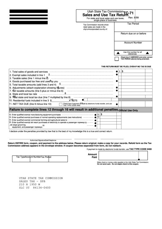 Form Tc-71 - Sales And Use Tax Return Printable pdf