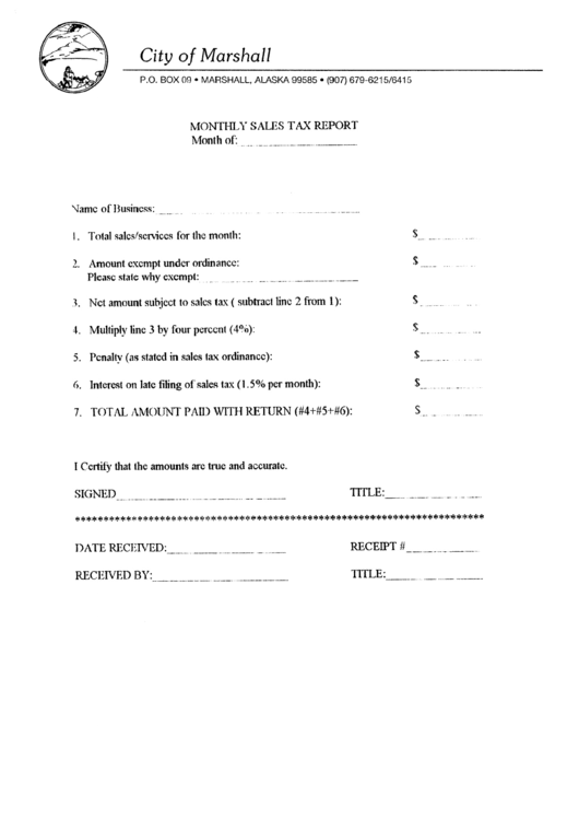 Monthly Sales Tax Report Form - City Of Marshall Printable pdf