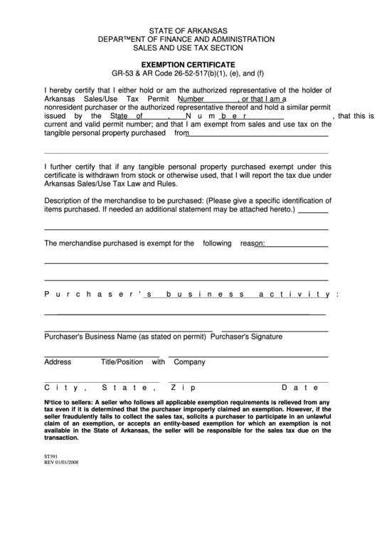 Fillable Form Gr-53 & Ar - Exemption Certificate Form - State Of Arkansas - Department Of Finance And Administration - Sales And Use Tax Section - 2008 Printable pdf