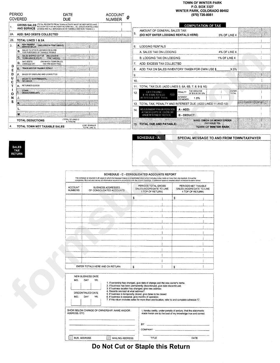 Computation Of Tax Form - Town Of Winter Park