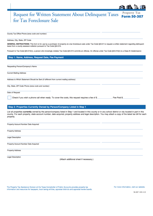Fillable Property Tax Form 50-307 - Request For Written Statement About Delinquent Taxes For Tax Foreclosure Sale - Texas Comptroller Of Public Accounts Printable pdf