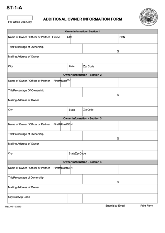 Fillable Form St-1-A - Additional Owner Information Printable pdf