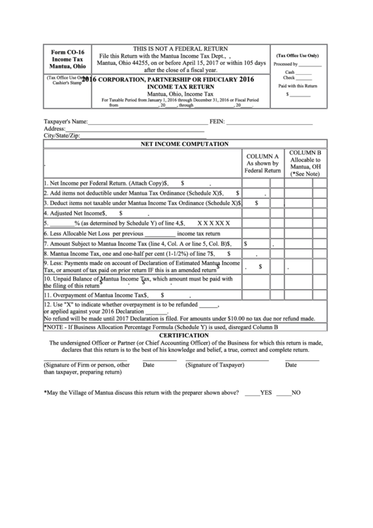 Form Co-16 - Corporation, Partnership Or Fiduciary Income Tax Return - 2016 Printable pdf