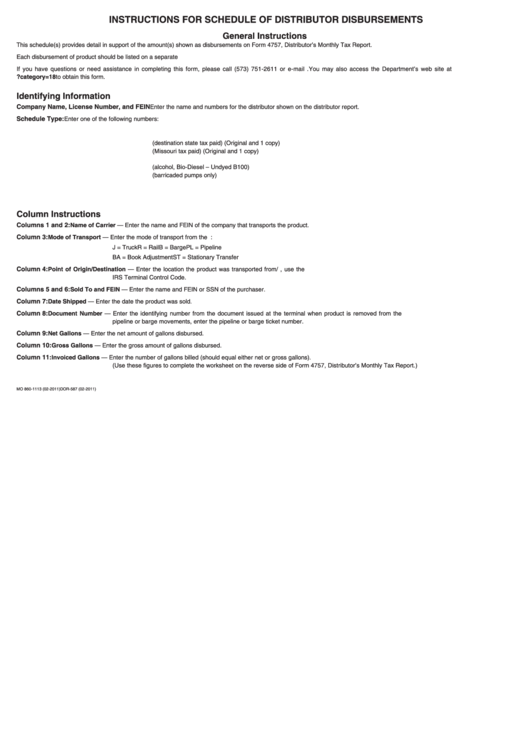 Form Dor-587 - Instructions For Schedule Of Distributor Disbursements February 2011 Printable pdf