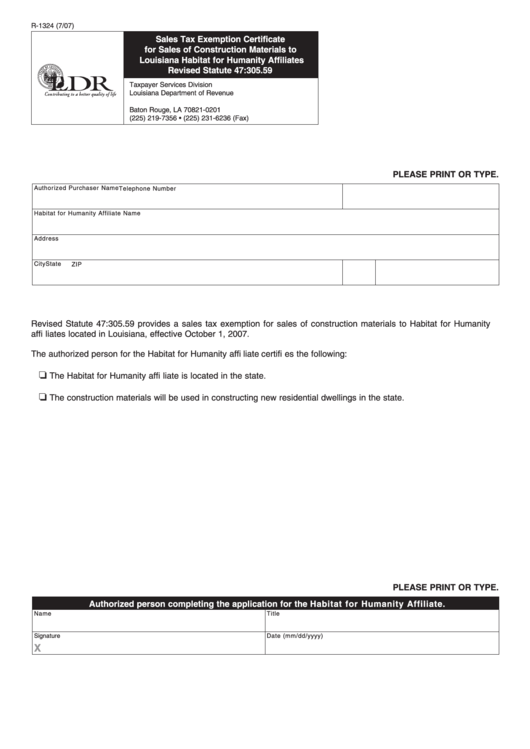 Fillable Form R-1324 - Sales Tax Exemption Certificate - Louisiana Habitat For Humanity Affiliates Printable pdf