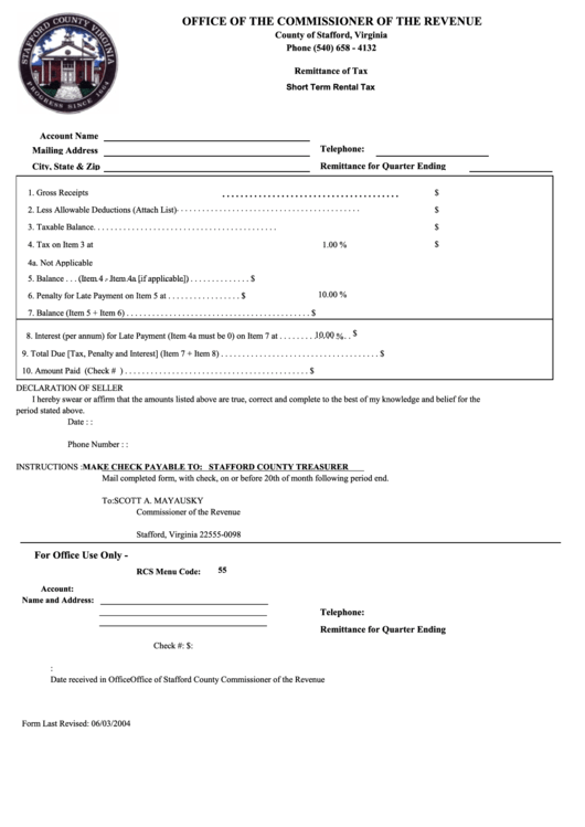 Remittance Of Tax - Short Term Rental Tax Form June 2004 Printable pdf
