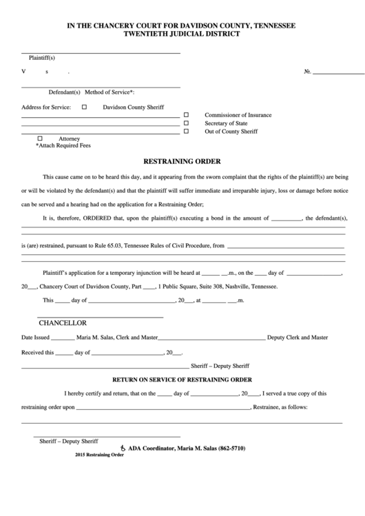 Restraining Order Template - Chancery Court For Davidson County, Tennessee Printable pdf