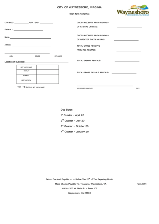 Form Str - Short Term Rental Tax - City Of Waynesboro, Virginia Printable pdf