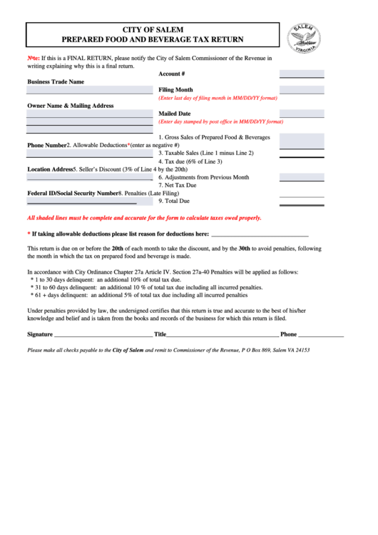 Prepared Food And Beverage Tax Return Form Printable pdf