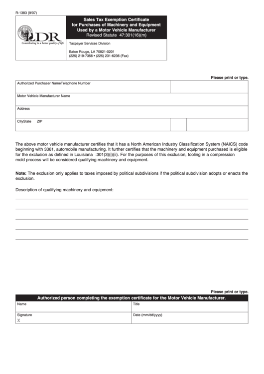 Fillable R-1383 - Sales Tax Exemption Certificate Form - Motor Vehicle Manufacturer Printable pdf