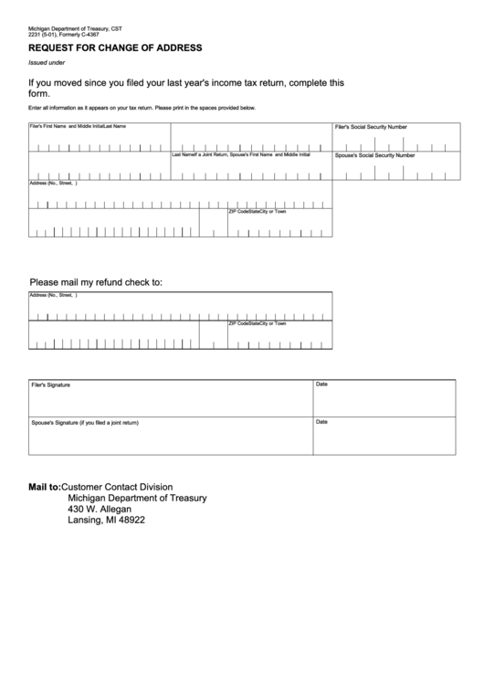 Fillable Form 2231 - Request For Change Of Address Form Printable pdf