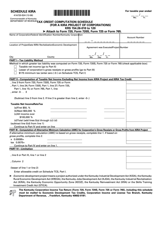 Form 41a720-S24 - Schedule Kira - Tax Credit Computation Schedule Printable pdf