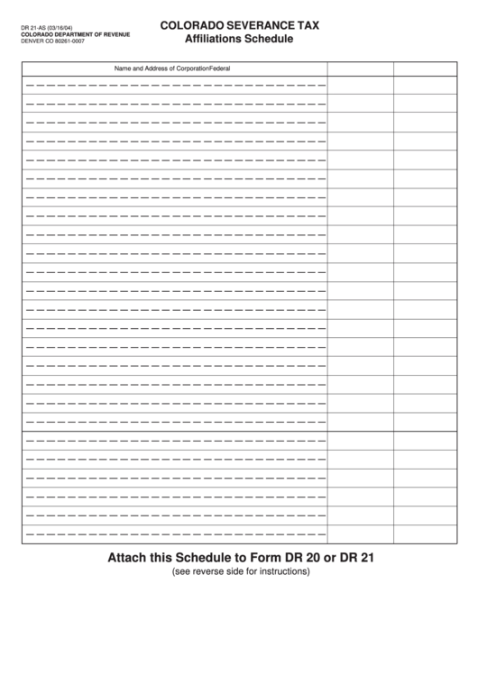 Form Dr 21-As - Colorado Severance Tax Affiliations Schedule Printable pdf