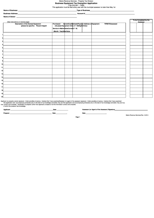 Business Equipment Tax Exemption Application Form Printable pdf