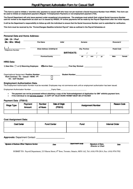 Fillable Payroll Payment Authorization Form For Casual Staff Printable pdf