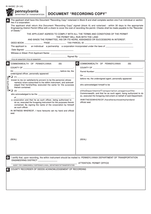 Fillable Form M-945rc - Document "Recording Copy" Printable pdf